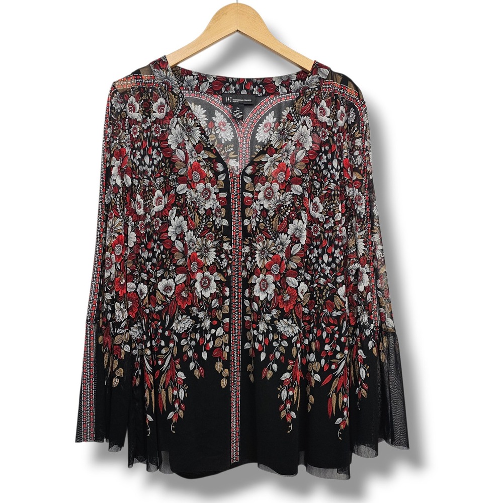 INC Woman Top Dark Floral Sheer Mesh Bell Sleeves 2X Black Red White Whimsigoth